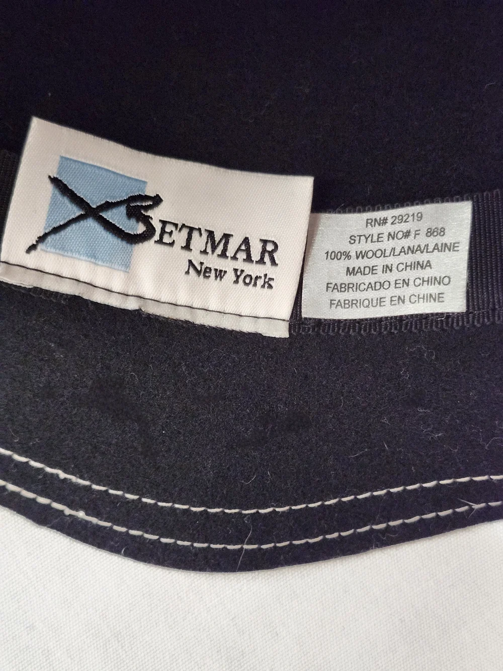 Vtg Betmar New York Black Wool Fedora Hat Contrast Stitching Narrow Brim S